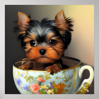 Teacup Digitalの愛らしいヨークシャーテリア絵画。 ポスター