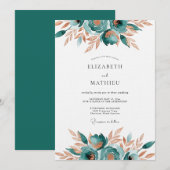 Teal Abstract Floral Romance Wedding 招待状 (正面/裏面)