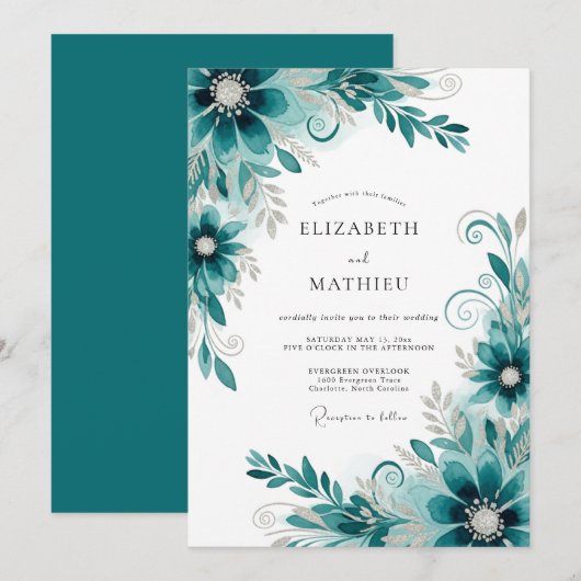 Teal Abstract Flourish Wedding 招待状 (正面/裏面)