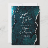 Teal Agate Silver Script Wedding Save the Date 招待状 (正面)