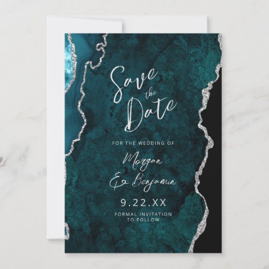 Teal Agate Silver Script Wedding Save the Date 招待状 (正面)