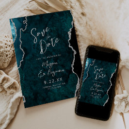 Teal Agate Silver Script Wedding Save the Date 招待状