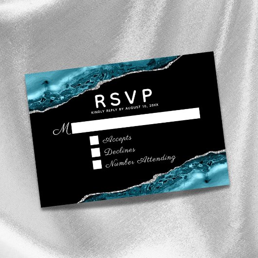 Teal Agate Silver Wedding RSVP Card