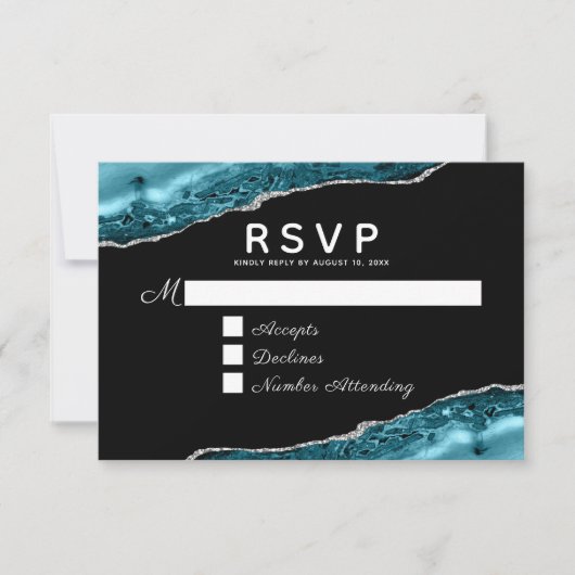 Teal Agate Silver Wedding RSVP Card (正面)