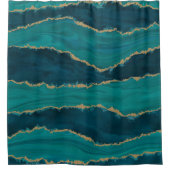 Teal Agate Waves – Abstract Marble with Gold シャワーカーテン (正面)