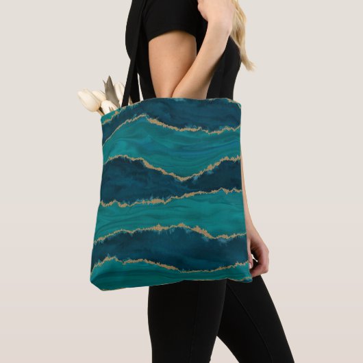 Teal Agate Waves – Abstract Marble with Gold トートバッグ (クローズアップ)