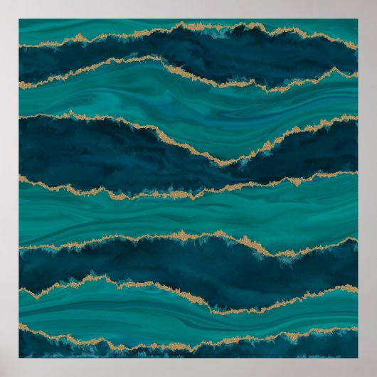 Teal Agate Waves – Abstract Marble with Gold ポスター (正面)