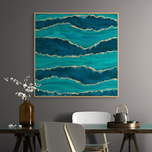 Teal Agate Waves – Abstract Marble with Gold ポスター
