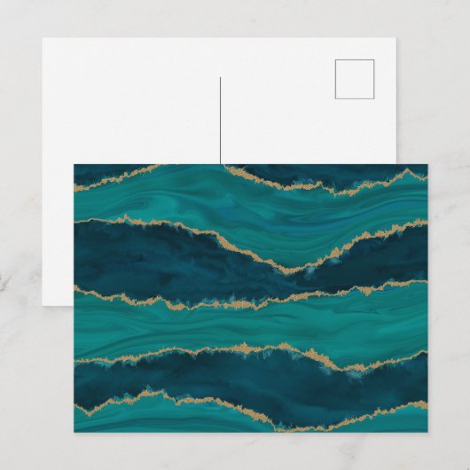 Teal Agate Waves – Abstract Marble with Gold ポストカード (正面/裏面)