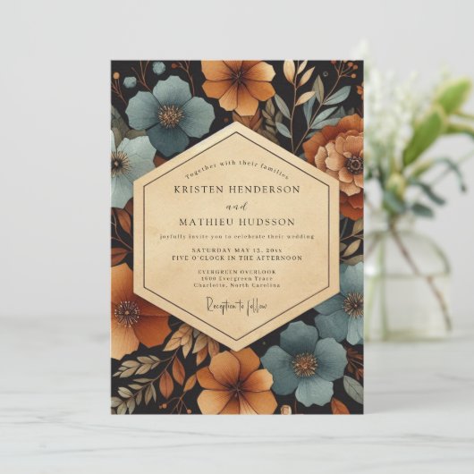 Teal Amber Floral Autumn Wedding 招待状 (スタンド正面)