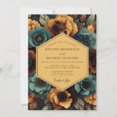 Teal Amber Floral Nocturne Wedding 招待状 (正面)