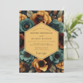 Teal Amber Floral Nocturne Wedding 招待状 (スタンド正面)