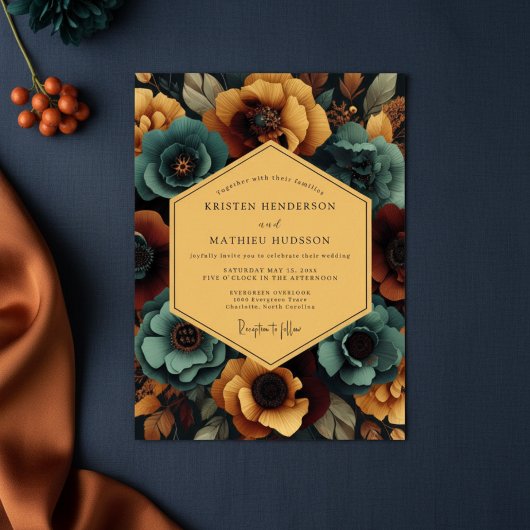 Teal Amber Floral Nocturne Wedding 招待状