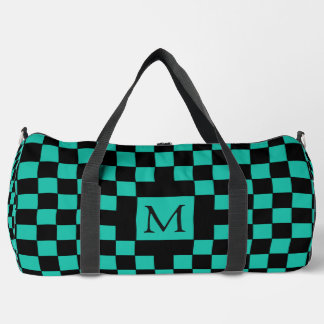 Teal and Black Checkerboard Pattern Monogram ダッフルバッグ