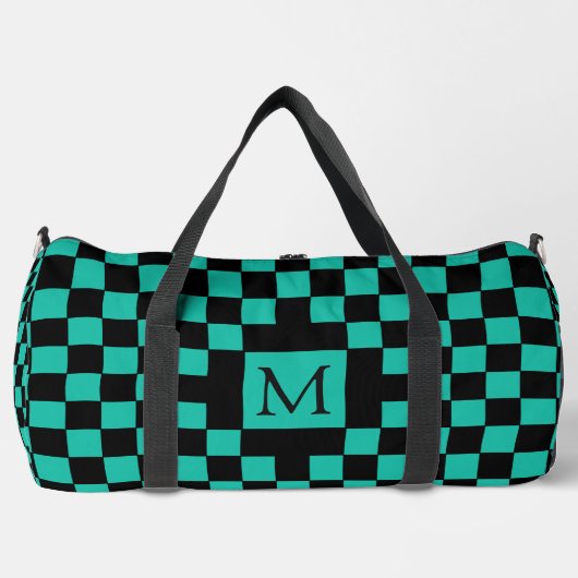 Teal and Black Checkerboard Pattern Monogram ダッフルバッグ (正面)