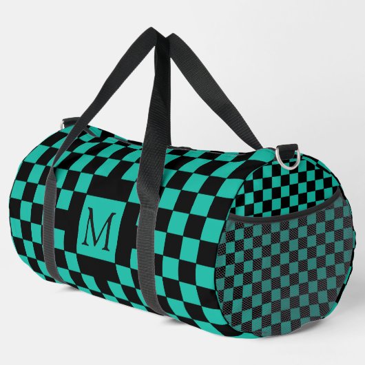 Teal and Black Checkerboard Pattern Monogram ダッフルバッグ (右コーナー)