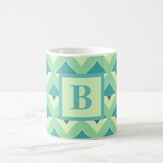 Teal and Blue Geometric Pattern Monogram コーヒーマグカップ (中央)