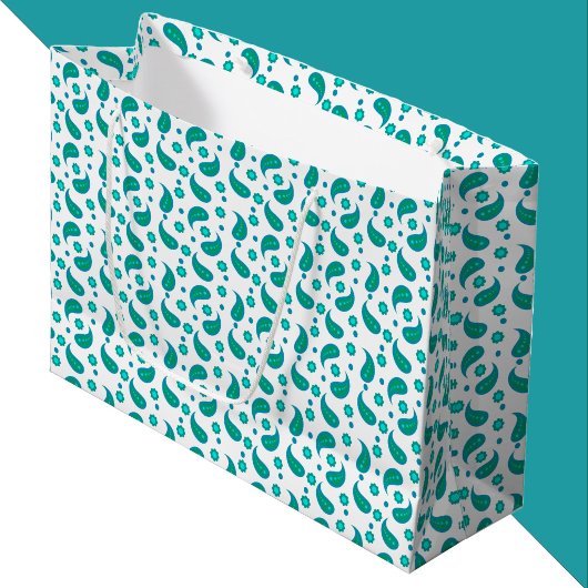 Teal and Blue Paisley Floral Pattern ラージペーパーバッグ