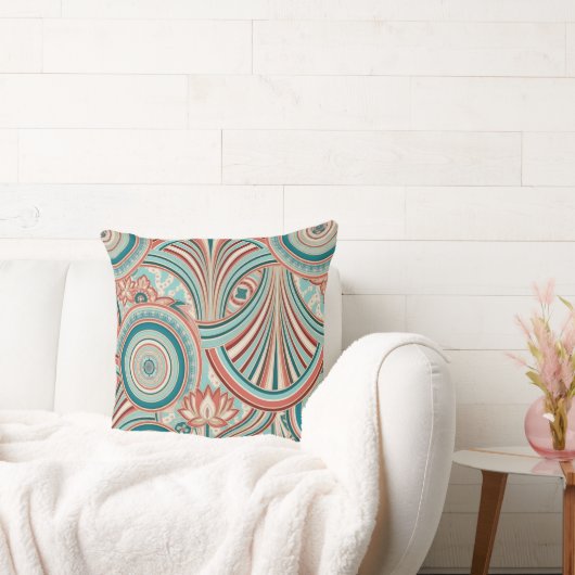 Teal and Coral Nouveau Flow クッション (ソファ)