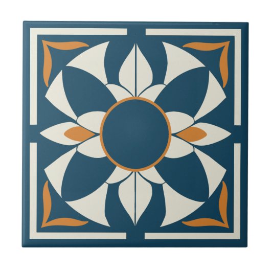 Teal and Cream Azulejo Mandala タイル (正面)