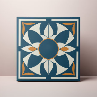 Teal and Cream Azulejo Mandala タイル