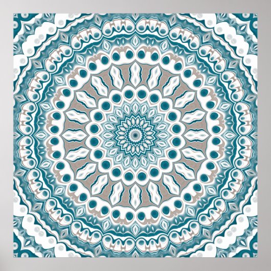 Teal and Cream Radiant Mandala Design ポスター (正面)