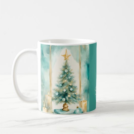 Teal and Gold Elegant Christmas Tree with Candles コーヒーマグカップ (左)