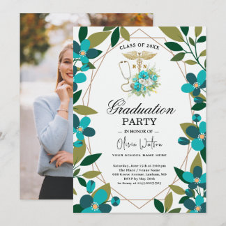 Teal and Gold Floral RN Graduation Invitation | Nu 招待状