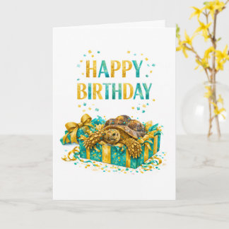 Teal and Gold Happy birthday Sulcata tortoise gift カード