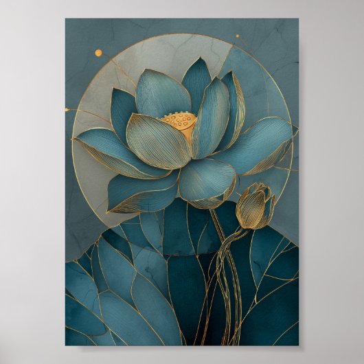 Teal and Gold Lotus Flower Geometric Line Art Zen ポスター (正面)