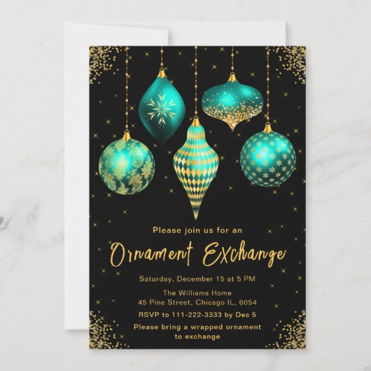 Teal and Gold Ornament Exchange Party 招待状 (正面)