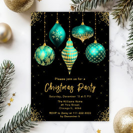 Teal and Gold Ornaments Christmas Party 招待状