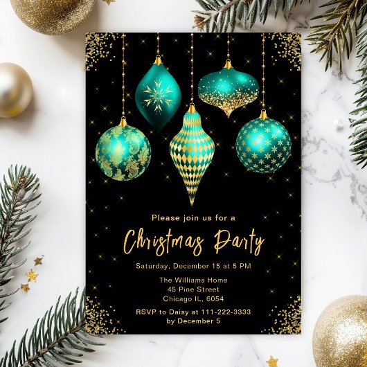 Teal and Gold Ornaments Christmas Party 招待状