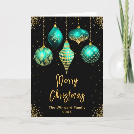 Teal and Gold Ornaments Merry Christmas シーズンカード (正面)