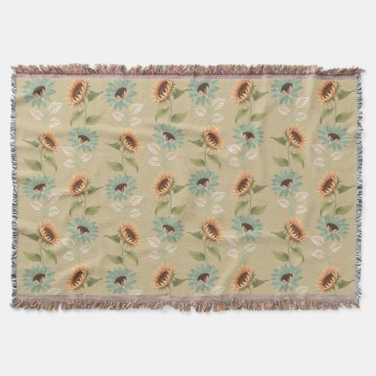 Teal and Gold Sunflower Throw Blanket スローブランケット (正面)