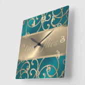 Teal and Gold Time Flies Clock スクエア壁時計 (傾斜)