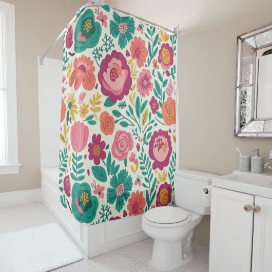 Teal and Magenta Folk Floral シャワーカーテン (インサイチュ)