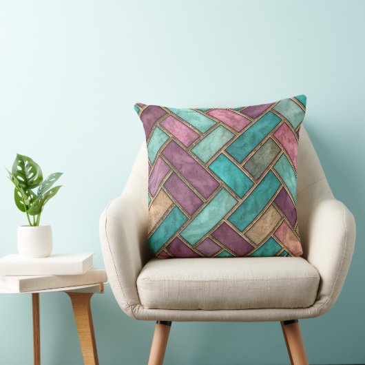 Teal and Mauve Herringbone Tile Pattern - Brick クッション (椅子)