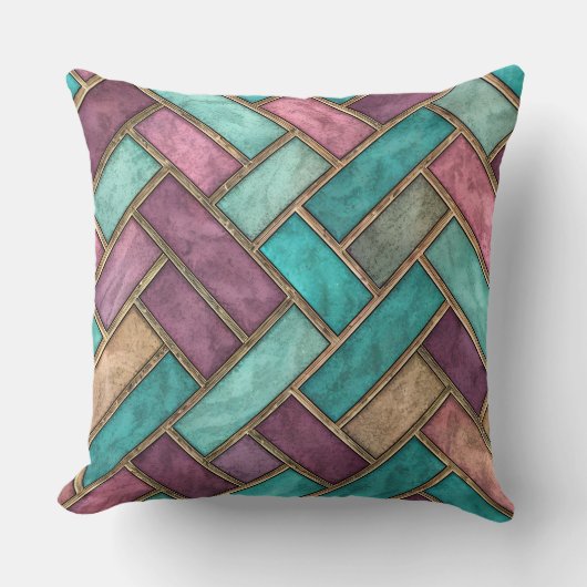 Teal and Mauve Herringbone Tile Pattern - Brick クッション (正面)