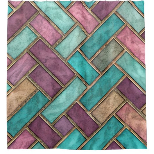 Teal and Mauve Herringbone Tile Pattern - Brick シャワーカーテン (正面)