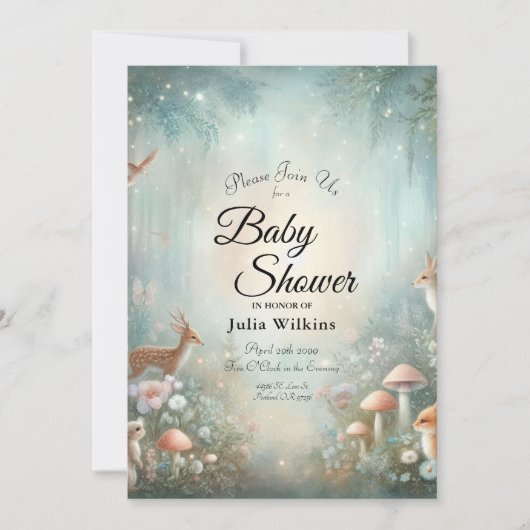 Teal and Peach Enchanted Forest Baby Shower 招待状 (正面)