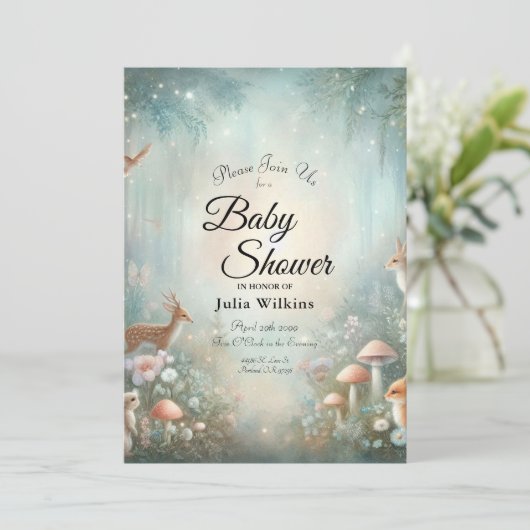 Teal and Peach Enchanted Forest Baby Shower 招待状 (スタンド正面)