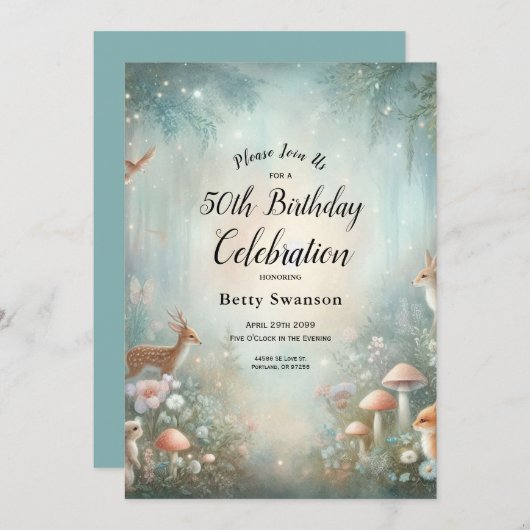 Teal and Peach Enchanted Forest Birthday Party 招待状 (正面/裏面)