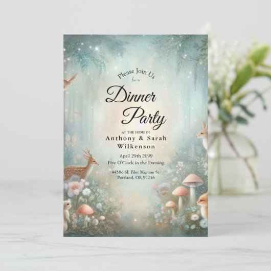 Teal and Peach Enchanted Forest Home Dinner Party  招待状 (スタンド正面)