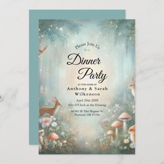 Teal and Peach Enchanted Forest Home Dinner Party  招待状 (正面/裏面)