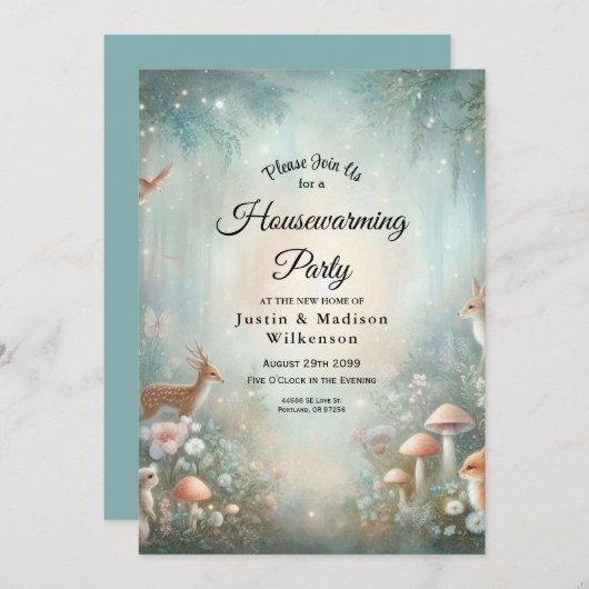 Teal and Peach Enchanted Forest Housewarming 招待状 (正面/裏面)