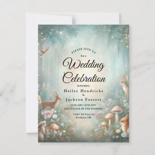 Teal and Peach Enchanted Forest Wedding 招待状 (正面)