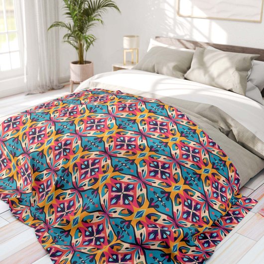 Teal and Pink Geometric Bohemian フリースブランケット