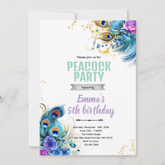 Teal and Purple Peacock theme invite 招待状 (正面)