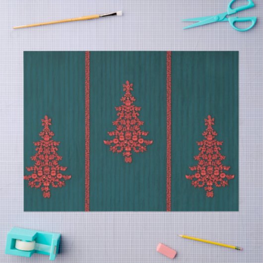 Teal and Red Crystal Christmas Trees 薄葉紙 (クラフト)
